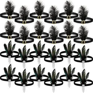 24 Pcs 1920s Flapper Headband Black Feather Costume Accessory for Women